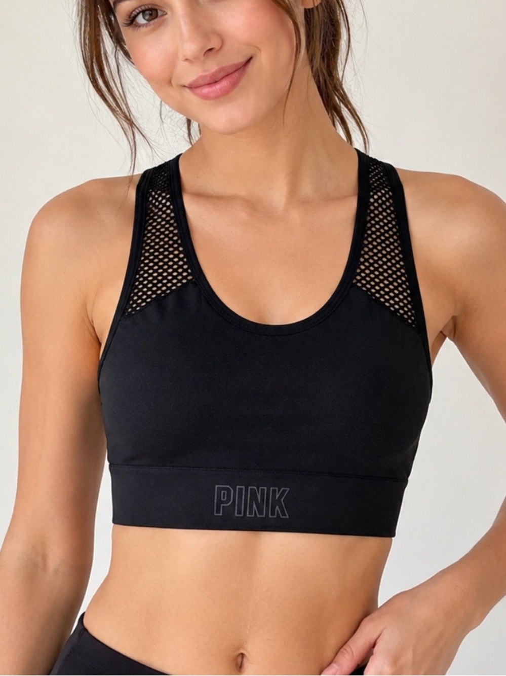 PINK Victoria's Secret Black Mesh Racerback Crop Sports Bra